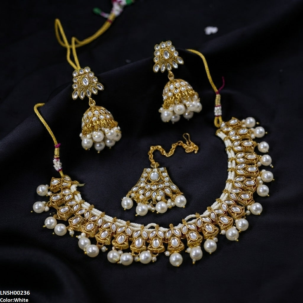 LNSH00236 ANI Marquise Flower Pearl Drop Rajwari Necklace Set - LNSH