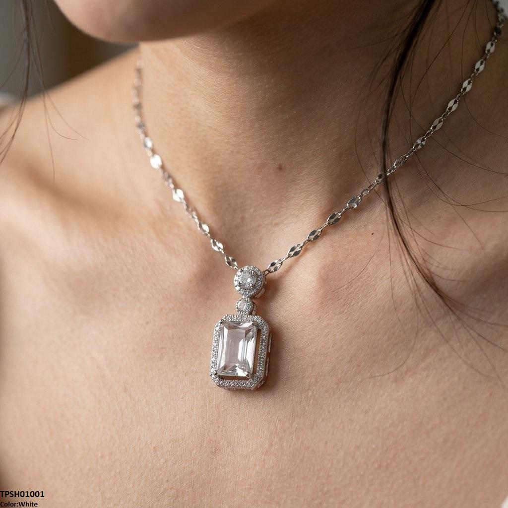 TPSH01001 TNR Stainless Steel Zircon Rectangle Stone Pendant - TPSH