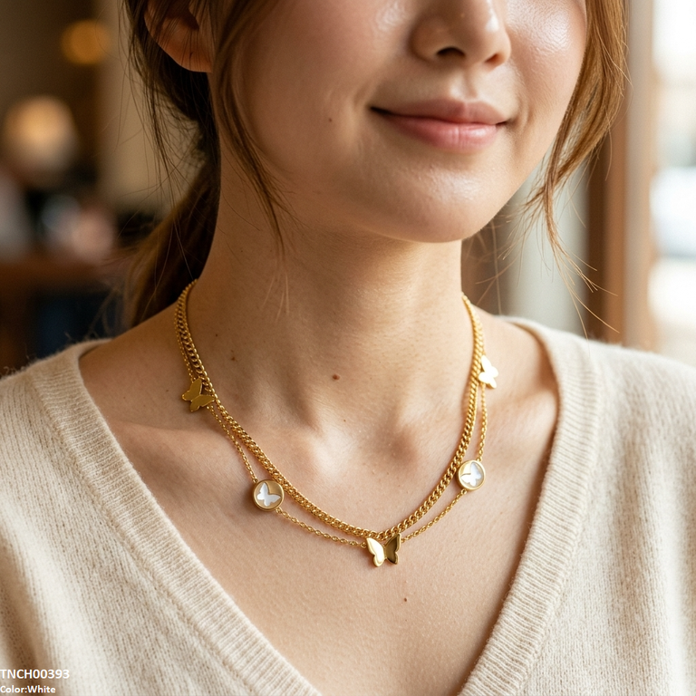 TNCH00393 BHS Butterfly Double Link Chain Stainless Steel Necklace - TNCH