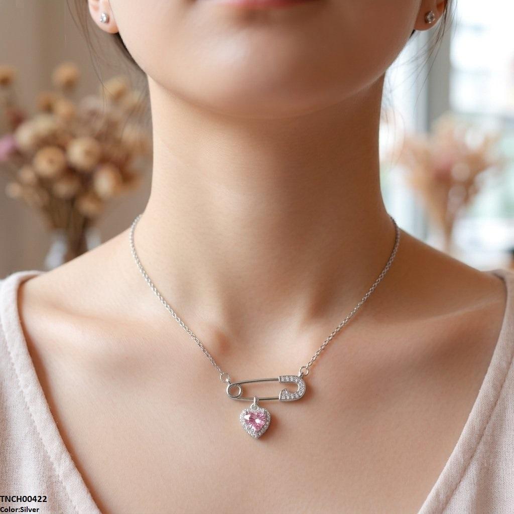 TNCH00422 TNR Stainless Steel Zircon Pin Heart Necklace - TNCH