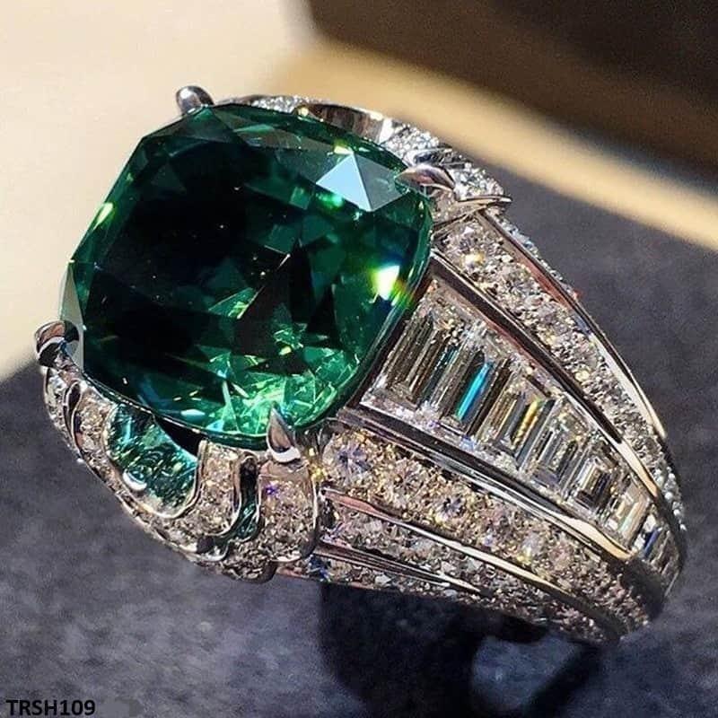 TRSH109 CSH Green Cushion Cathedral Ring