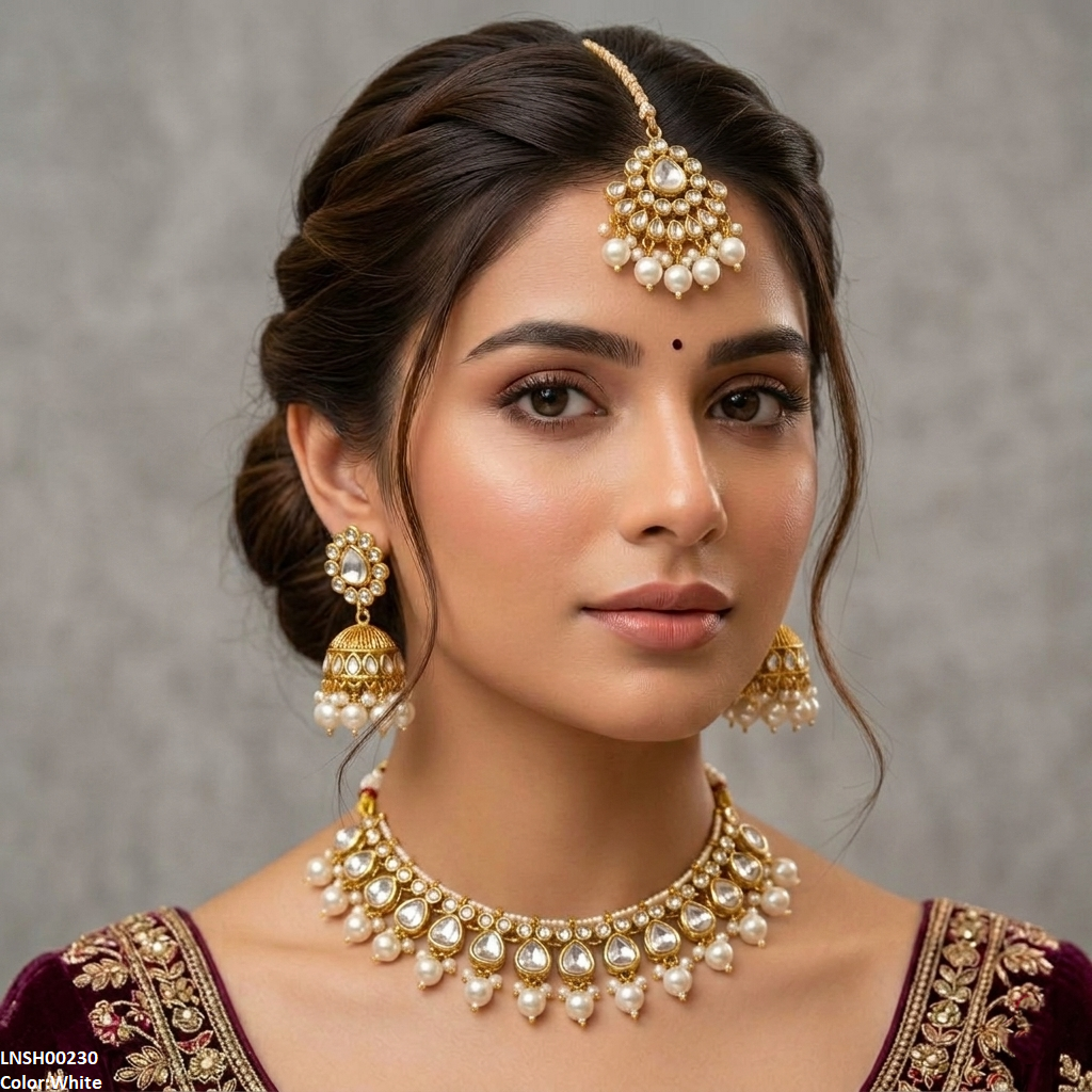 LNSH00230 ANI Oval Pearl Drop Rajwari Necklace Set - LNSH