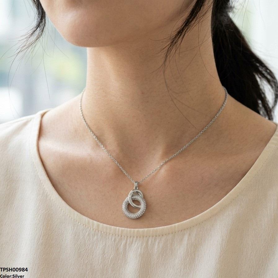 TPSH00984 TNR Stainless Steel Zircon Double Round Pendant - TPSH