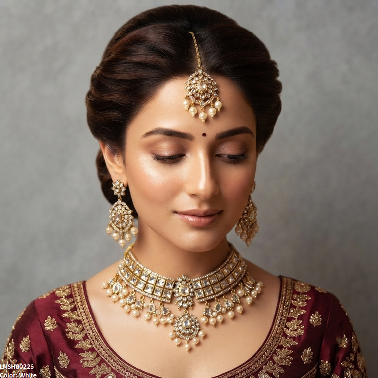 LNSH00226 ANI Flower Square Stone Pearl Drop Rajwari Necklace Set - LNSH