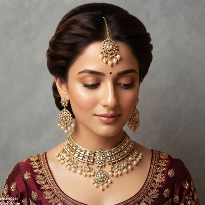 LNSH00226 ANI Flower Square Stone Pearl Drop Rajwari Necklace Set - LNSH