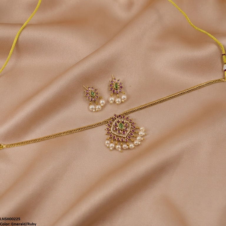 LNSH00225  ANI Flower Pearl Drop South Indian Necklace Set - LNSH