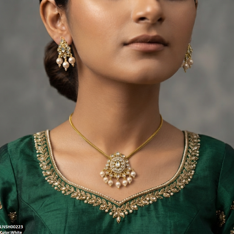 LNSH00223 ANI Oval/Tear Pearl Drop South Indian Necklace Set - LNSH