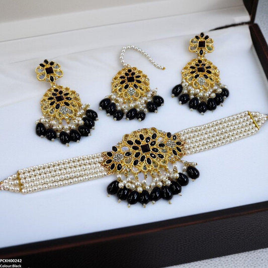PCKH00242 MZM Square Flower Pearl Drop Choker Set - PCKH