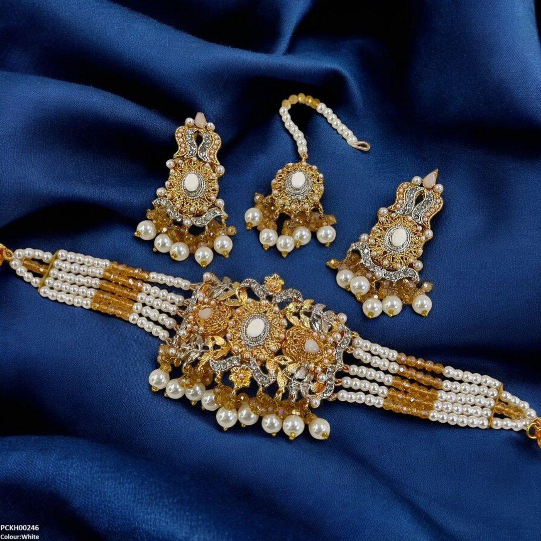 PCKH00246 SDQ Oval Flower Pearl Drop Choker Set - PCKH