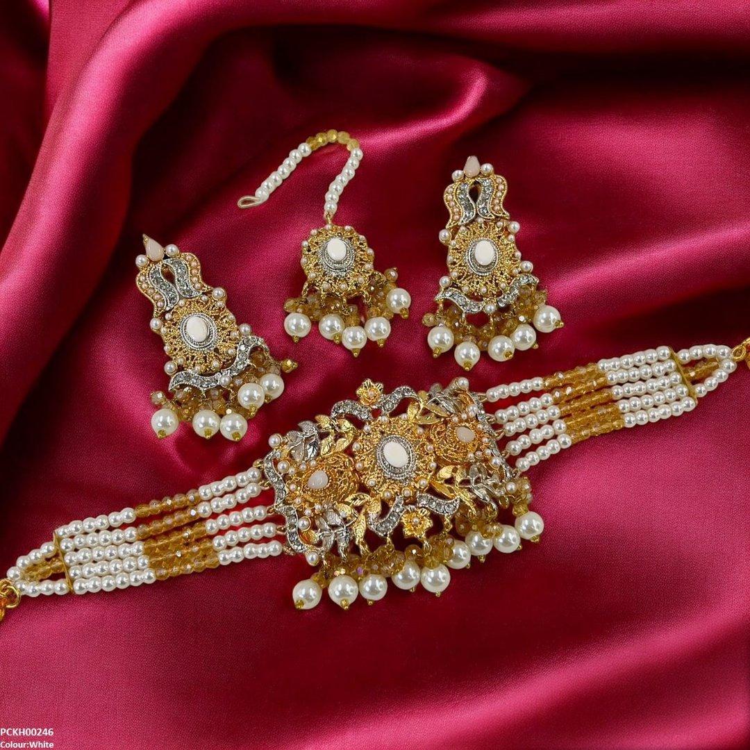PCKH00246 SDQ Oval Flower Pearl Drop Choker Set - PCKH