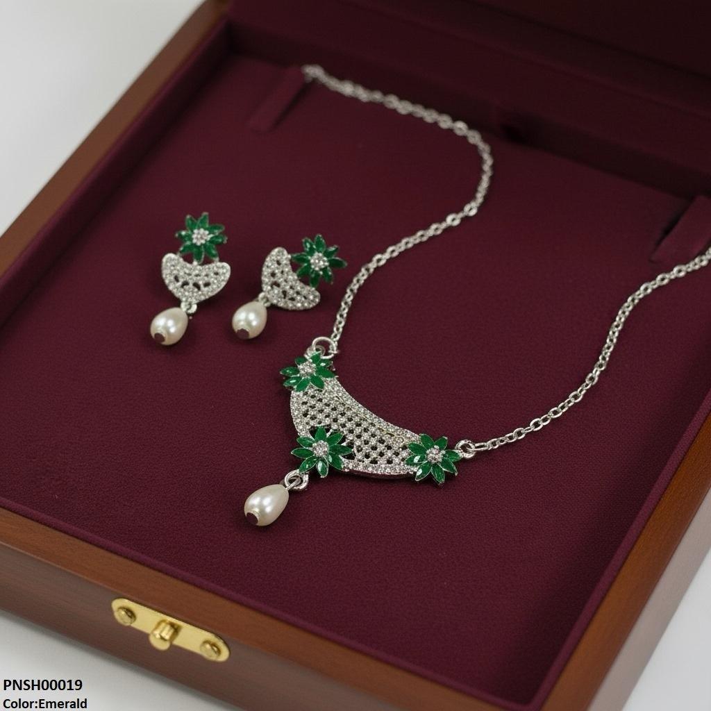 PNSH00019 SDQ Flower Pearl Drop Necklace Set - PNSH