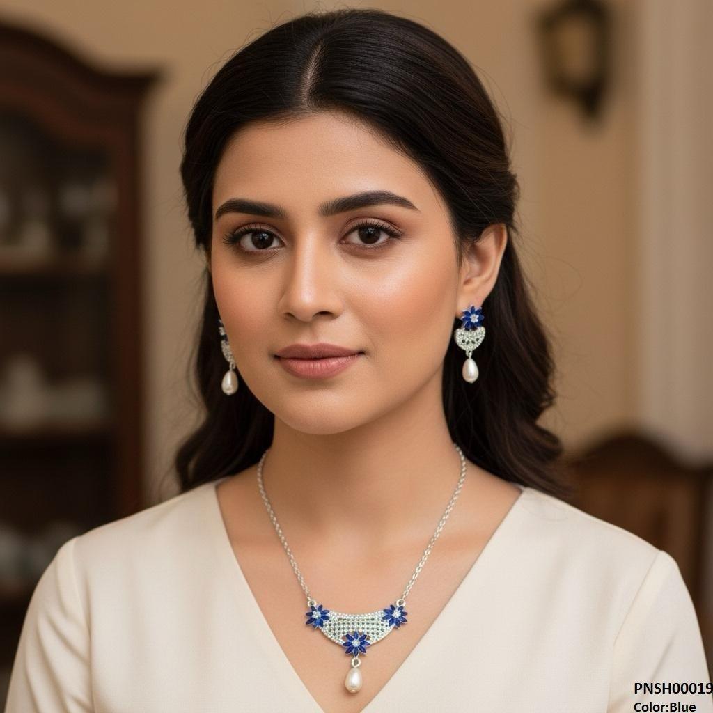 PNSH00019 SDQ Flower Pearl Drop Necklace Set - PNSH