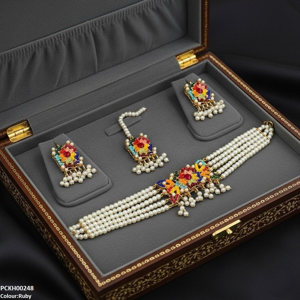 PCKH00248 SDQ Multi Flower Pearl Drop Choker Set - PCKH