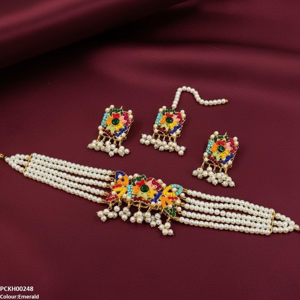PCKH00248 SDQ Multi Flower Pearl Drop Choker Set - PCKH