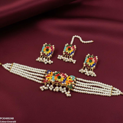 PCKH00248 SDQ Multi Flower Pearl Drop Choker Set - PCKH