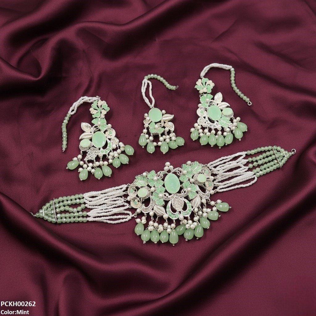 PCKH00262 SDQ Oval/Flower Pearl Drop Choker Set - PCKH