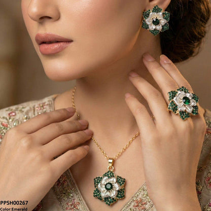 PPSH00267 SDQ Round Flower Pendant Set - PPSH