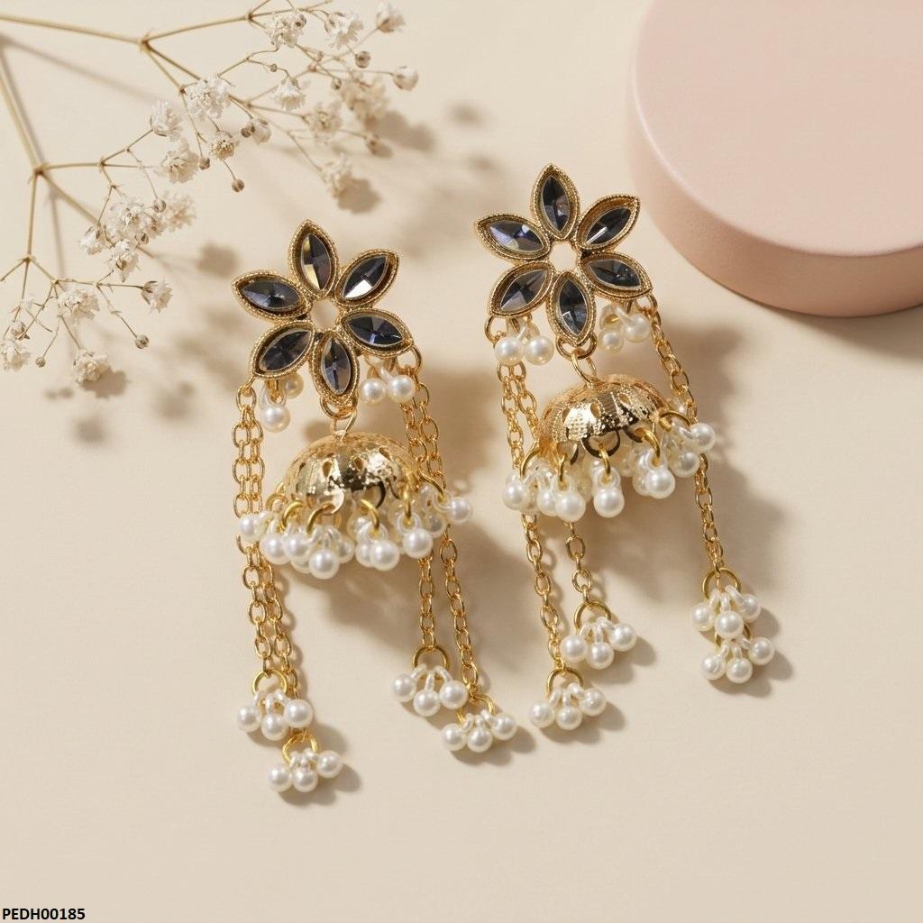 PEDH00185 SDQ Flower Layer Pearl Drop Earrings - PEDH