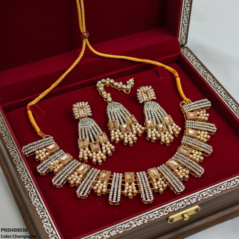 PNSH00036 MZM Rectangle Pearl  Necklace Set - PNSH