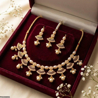 PNSH00092 SDQ Fan Filigree Pearl Drop Necklace Set - PNSH
