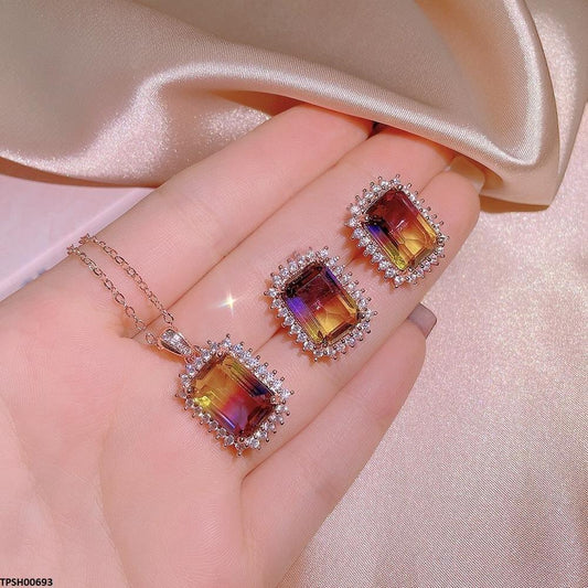 TPSH00693 KYC Rectangle Ametrine ZIRCON Pendant Set - TPSH