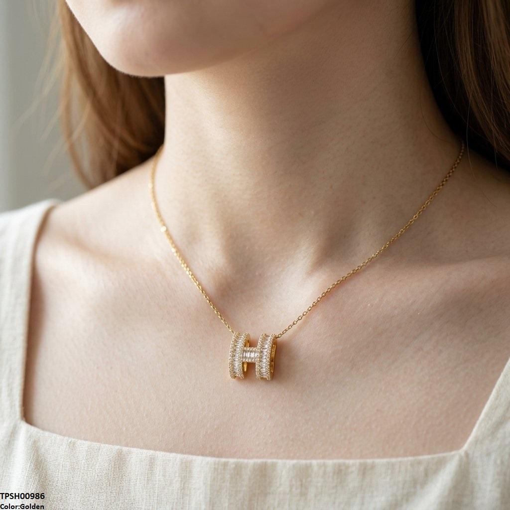 TPSH00986 TNR Stainless Steel Zircon H Design Pendant - TPSH