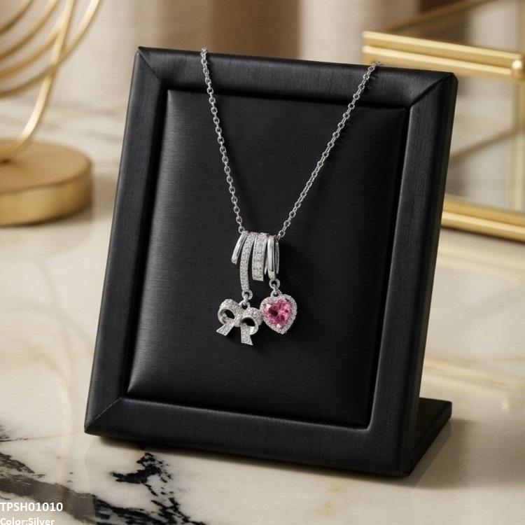 TPSH01010 TNR Stainless Steel Zircon Bow/Heart Drop Pendant - TPSH