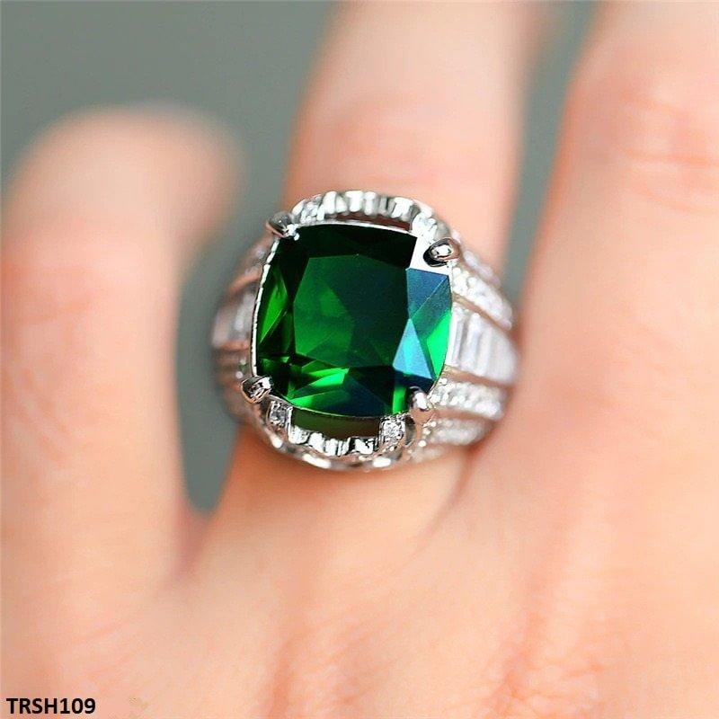 TRSH109 CSH Green Cushion Cathedral Ring