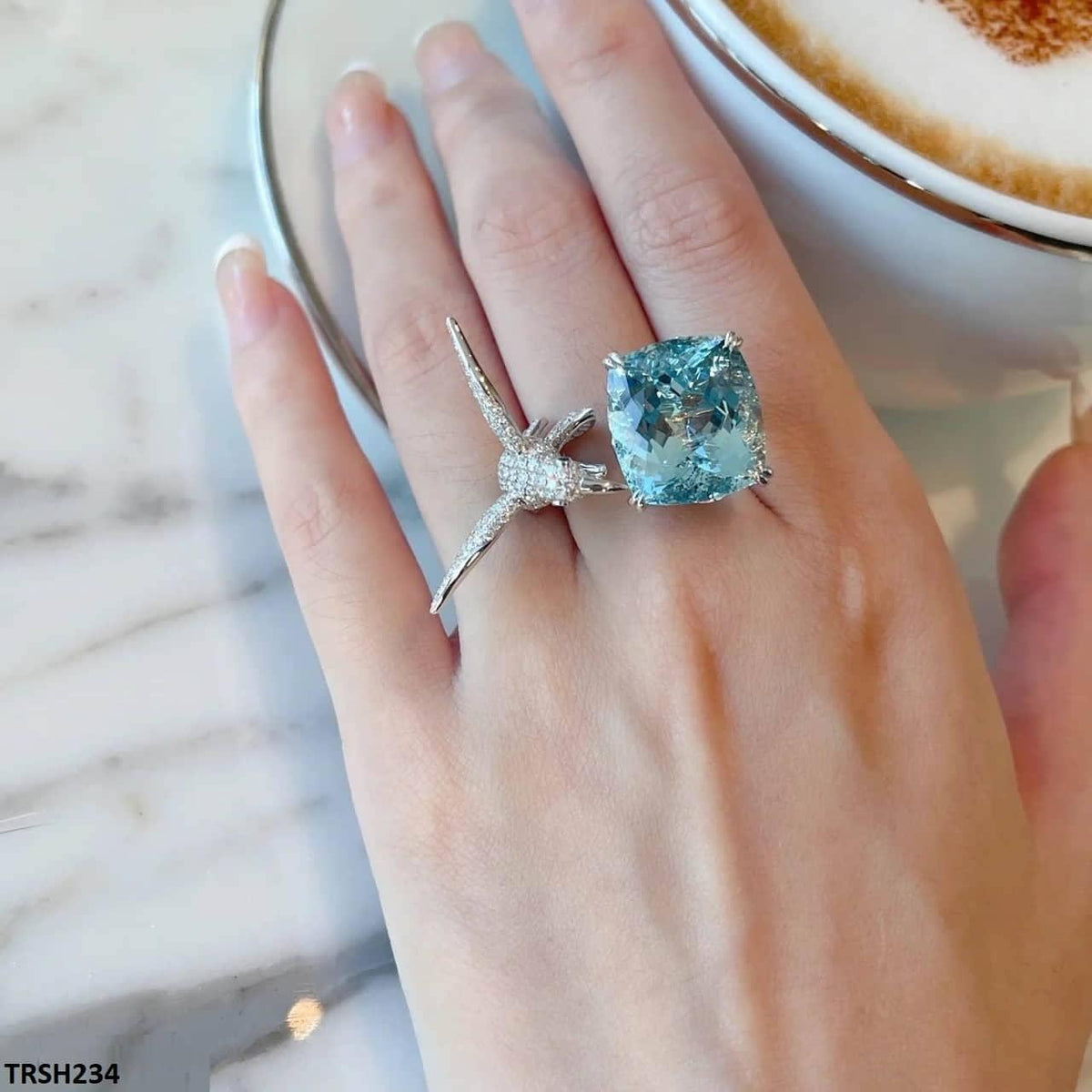 TRSH234 CJD Aqua Diamond Sparrow Cathedral Adjustable Ring