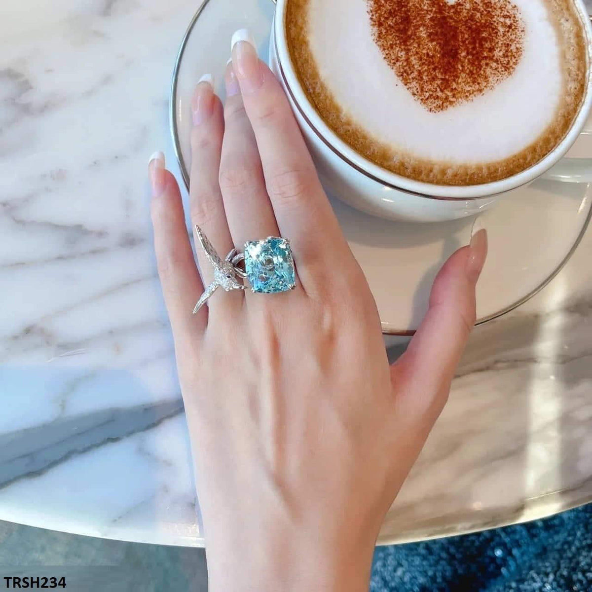 TRSH234 CJD Aqua Diamond Sparrow Cathedral Adjustable Ring