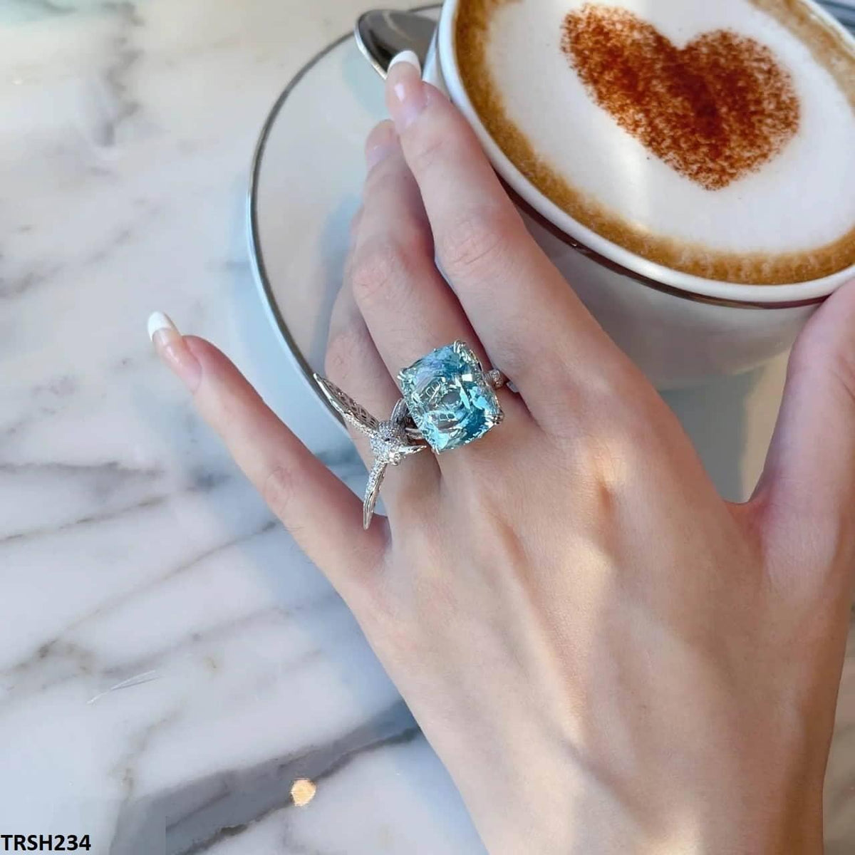 TRSH234 CJD Aqua Diamond Sparrow Cathedral Adjustable Ring