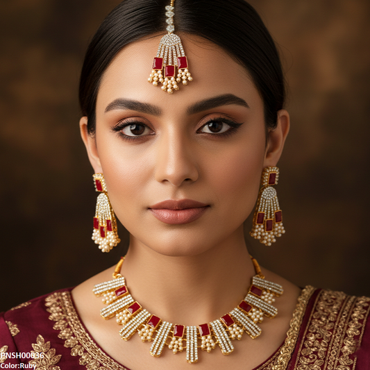 PNSH00036 MZM Rectangle Pearl  Necklace Set - PNSH