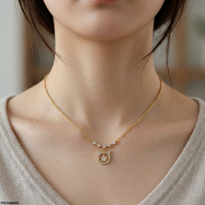 TNCH00405 TNR Stainless Steel Zircon Round Star Necklace  - TNCH