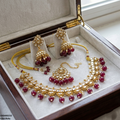 LNSH00232 ANI Square Stone Pearl Drop Rajwari Necklace Set - LNSH