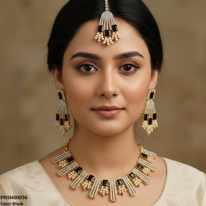 PNSH00036 MZM Rectangle Pearl  Necklace Set - PNSH