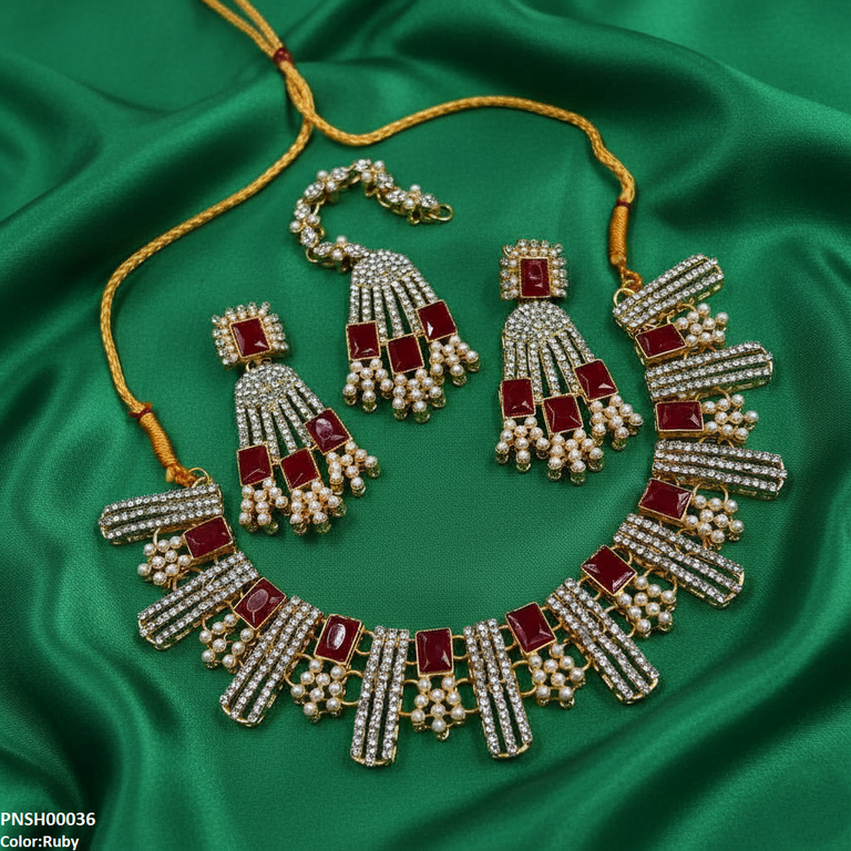 PNSH00036 MZM Rectangle Pearl  Necklace Set - PNSH